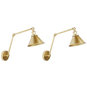 Set Of 2 Wall Lamps Gold Metal Sconce Adjustable Arm Industrial Modern Style Living Room Hallway Beliani