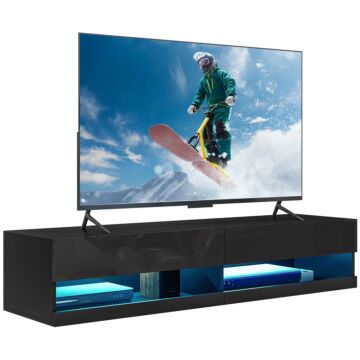 Homcom Floating Tv Unit Wall Mounted Tv Cabinet, High Gloss Media Wall Unit With Led Lights, Storages Shelves For Living Entertainment Room, Black