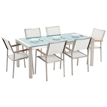 Garden Dining Set White With Cracked Glass Table Top 6 Seats 180 X 90 Cm Triple Plate Beliani