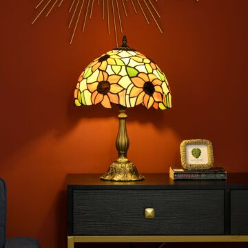 Homcom Stained Glass Table Lamp, Handmade Antique Bedside Lamp, Home, Nightstand, Decorative Night Light, Orange Sunflower
