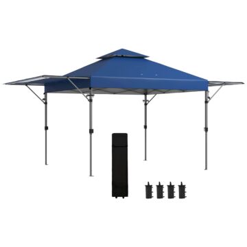 Outsunny 5 X 3(m) Pop Up Gazebo With Extend Dual Awnings, 1 Person Easy Up Marquee Party Tent With 1-button Push, Double Roof, Wheeled Bag, Sandbags, Height Adjustable Instant Shelter, Blue