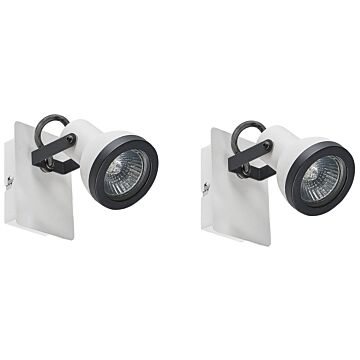 Set Of 2 Wall Lamps White And Black Metal 1-light Swing Arm Cone Shade Spotlight Design Beliani