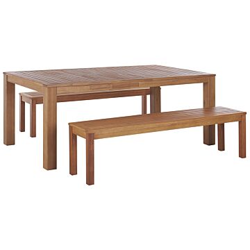Garden Dining Set 3 Pieces Solid Eucalyptus Wood Rectangular Table 2 Benches Indoor Outdoor Rustic Design Beliani