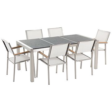 Garden Dining Set White With Flamed Basalt Table Top 6 Seats 180 X 90 Cm Triple Plate Beliani