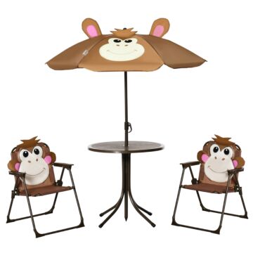 Outsunny Kids Picnic & Table Chair Set, Outdoor Folding Garden Furniture W/ Monkey Design, Removable, Adjustable Sun Umbrella, Ages 3-6 Years - Brown