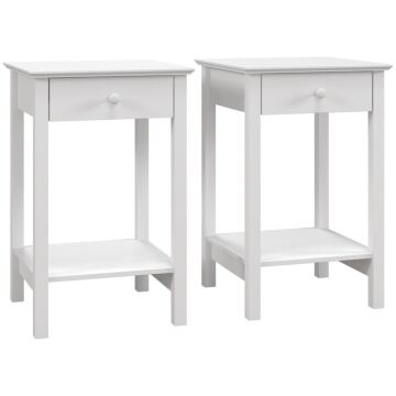 Homcom White Bedside Table, Wooden Side Table, Nightstand, Bedside Cabinet With Drawer And Storage Shelf For Bedroom And Living Room, Set Of 2