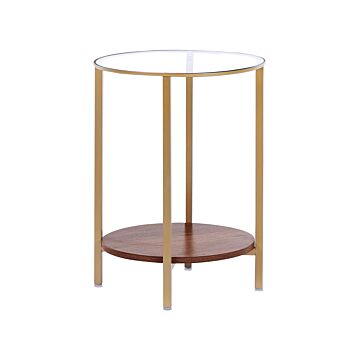 Side Table Gold Dark Wood Tempered Glass Iron Particle Board Ø 40 Cm With Shelf Round Glam Modern Living Room Beliani