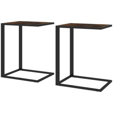 Homcom C-shaped Side Table, Sofa End Table With Metal Frame, Accent Couch Table For Living Room, Bedroom, Set Of 2, Brown And Black
