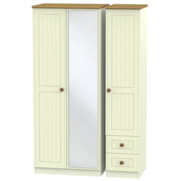 Warwick Triple Mirror + Drawer Wardrobe In Cream Ash & Modern Oak