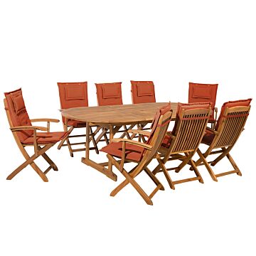 Outdoor Dining Set Light Acacia Wood With Red Cushions 8 Seater Table Folding Chairs Rustic Design Beliani