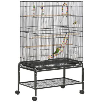 Pawhut Bird Cage With Stand, Toys, Wheels, For Canaries, Finches, Lovebirds, Parakeets, Budgie Cage With Accessories, Storage Shelf, Black