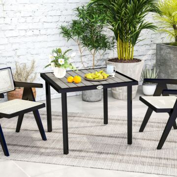 Outsunny Square Garden Dining Table With 5.4cm Parasol Hole, Slatted Top, Metal Frame, 86 X 86 X 71 Cm, Light Grey