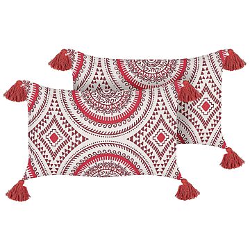 2 Scatter Cushions Red And White Cotton 30 X 50 Cm Geometric Pattern Handwoven Removable Covers With Filling Oriental Style Beliani