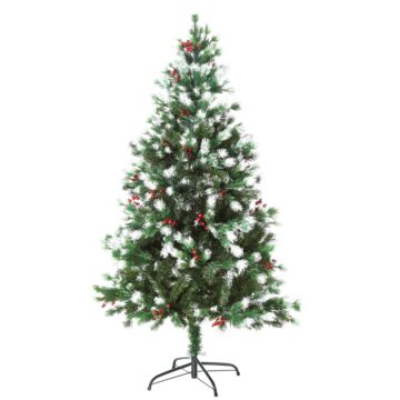 Homcom 5ft Artificial Snow-flocked Pine Tree Holiday Home Christmas Decoration With Red Berries - Green