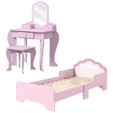 Zonekiz Wooden Kids Bedroom Furniture Set With Kids Dressing Table, Stool, Bed, For 3-6 Years, Cloud-design