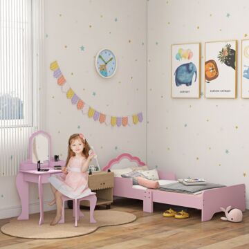 Zonekiz Wooden Kids Bedroom Furniture Set With Kids Dressing Table, Stool, Bed, For 3-6 Years, Cloud-design