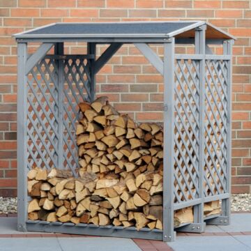 ‎callow Retail Double Wooden Log Storage Rack Shed - Grey Wood Rack For Log Storage, Firewood Storage Shed With Felt Roof | Outdoor Fireplace Accessories