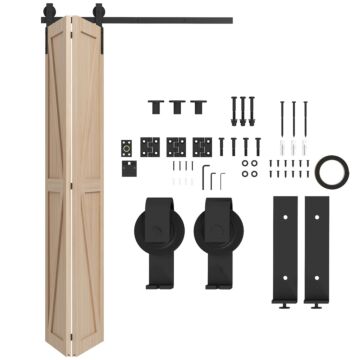 Homcom 4ft/122cm Bi-folding Sliding Barn Door Hardware Track Kit, Heavy Duty Sliding Door Kit For 2 Doors With J Shape Hanger