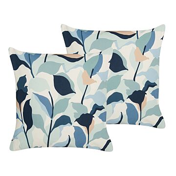 Set Of 2 Garden Cushions Blue Polyester 45 X 45 Leaf Pattern Modern Outdoor Decoration Water Resistant Beliani