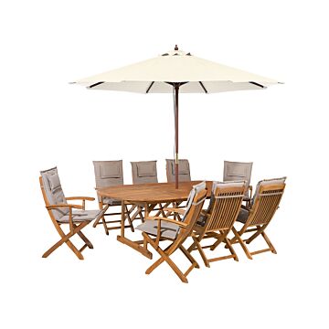 Outdoor Dining Set Light Acacia Wood With Taupe Cushions 8 Seater Table Folding Chairs Beige Umbrella Beliani