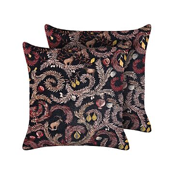Set Of 2 Decorative Cushions Black Pink Cotton 45 X 45 Cm Velvet Botanical Motif Modern Glamour Decor Beliani