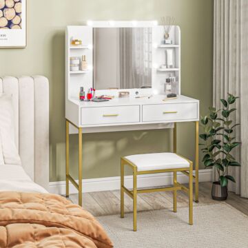 Homcom Dressing Table With Lighted Mirror, Cushioned Stool, Drawers, Shelves, Makeup Vanity Desk Set, Modern Dresser Vanity Table For Bedroom, White