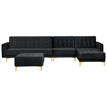 Corner Sofa Bed Black Velvet Tufted Fabric Modern L-shaped Modular 5 Seater With Ottoman Left Hand Chaise Longue Beliani