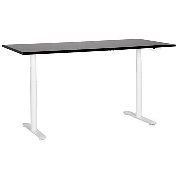 Electrically Adjustable Desk Black Tabletop White Steel Frame 180 X 72 Cm Sit And Stand Round Feet Modern Design Beliani