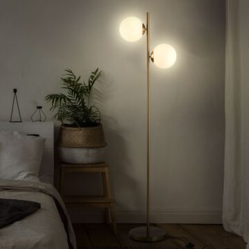 Homcom 2 Glass Shade Floor Lamp Metal Pole Cool Modern Decorative W/ Floor Switch Home Office Furnishing Gold