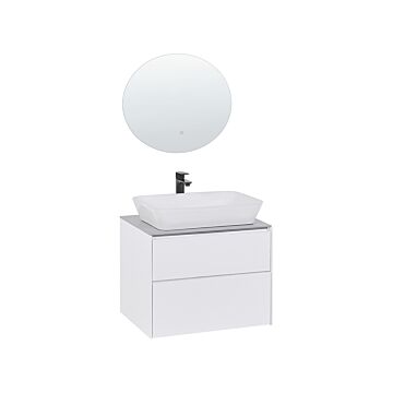 Bathroom Vanity Set White Mdf With Ceramic Basin Wall Mount 2 Drawers Cabinet Round Led Illuminated Mirror Beliani