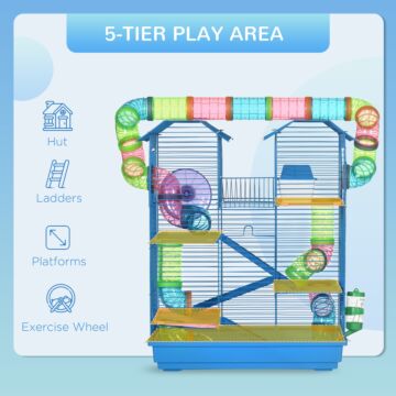 Pawhut 5 Tier Hamster Cage Carrier Habitat With Exercise Wheels Tunnel Tube Water Bottle Dishes House Ladder For Dwarf Mice, Blue