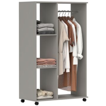 Homcom Open Wardrobe On Wheels With Clothes Rail, Bedroom Clothes Storage With Hanging Rod, 3 Storage Shelves, Mobile Garment Rack For Cloakroom, Hallway, Grey