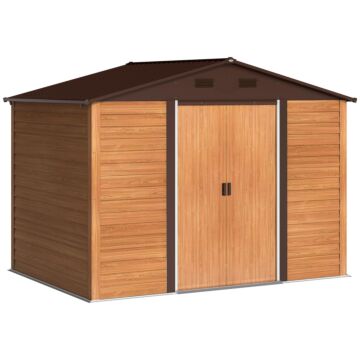Outsunny 9 X 6ft Galvanised Steel Shed - Brown Wood-effect