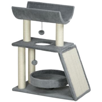 Pawhut Cat Tree Tower, With Scratching Posts, Pad, Bed, Perch, Toy Ball, Light Grey