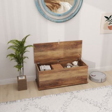 Homcom 113l Storage Chest, Storage Box With Flip-top Lid And 2 Safety Hinges, Storage Trunk For Living Room, Entryway, 100 X 40 X 40 Cm, Grey Wood Grain