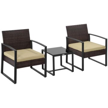 Outsunny Pe Rattan Garden Furniture 3 Pcs Patio Bistro Set Weave Conservatory Sofa Coffee Table And Chairs Set Beige