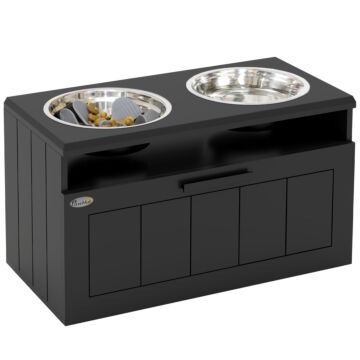 Pawhut Raised Dog Bowl With Slow Feeder & 2 Stainless Steel Dog Bowl, 25l Storage Drawer, For Large & Extra Large Dogs, Black