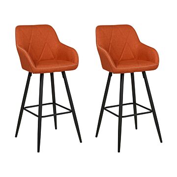 Set Of 2 Bar Stool Orange Fabric Upholstered With Arms Quilted Backrest Black Metal Legs Beliani