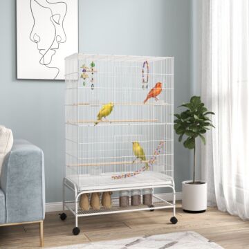 Pawhut Bird Cage W/ Stand, Toys, Accessories, For Canaries, Finches, White