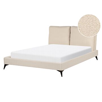 Eu Double Size Panel Bed Beige Boucle Fabric 4ft6 Slatted Base With Padded Headboard Upholstered Modern Design Beliani
