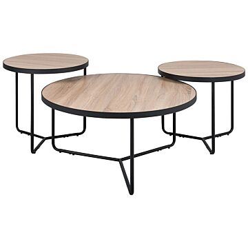 Set Of 3 Coffee Tables Light Wood Tabletop Black Metal Legs Round Various Sizes Living Room Furniture Beliani