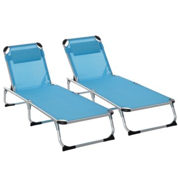 Outsunny 2 Pieces Foldable Sun Lounger With Pillow, 5-level Adjustable Reclining Lounge Chair, Aluminium Frame Camping Bed Cot, Blue