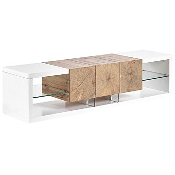 Tv Stand White Light Wood Mdf Tempered Glass 160 Cm Up To 70ʺ Drawer Shelves Modern Design Beliani
