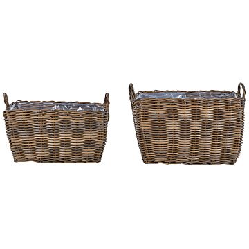 Set Of 2 Plant Baskets Brown Pe Rattan Planter Pots With Lining Indoor Outdoor Use Beliani