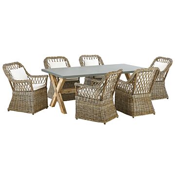 Garden Dining Set Natural Concrete Table 6 Rattan Wicker Chairs With Cotton Cushions Beliani