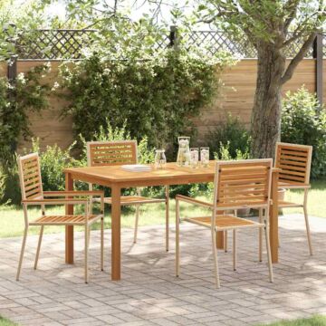 Vidaxl 5 Piece Garden Dining Set Beige Poly Rattan Acacia, Vidaxl Stacking Garden Chairs With Cushions - Set Of 2 In Beige Poly Rattan