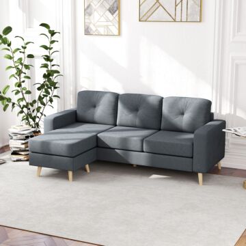 Homcom 3 Seater Sofa With Footstool, Fabric L-shaped Sofa, Sectional Couch With Wood Legs, Tufting Cushioned Back For Small Space, Living Room, Office, Dark Grey