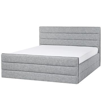 Bed Light Grey Linen Fabric Eu Super King Size 6ft Slatted Base Padded Headboard And Footboard Beliani