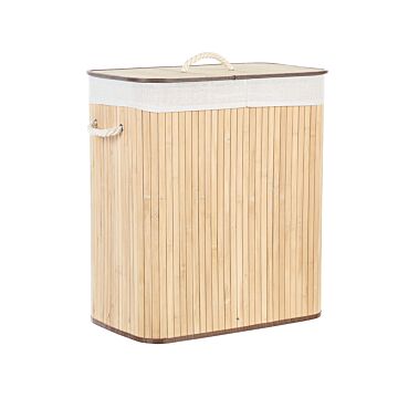 Basket With Lid Light Wood Bamboo Laundry Hamper 2-compartments With Rope Handles Beliani