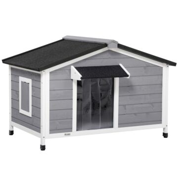 Pawhut Large Wooden Dog Kennel Elevated Dog Kennels For Outside, W/ Openable Top, Asphalt Roof, Removable Tray, Adjustable Leg, Grey